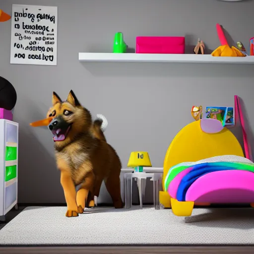 Image similar to eye - level view, in a child's bedroom filled with toys, a super cute gsd runs around in circles on an unmade bed. a colorful comforter is on the bed. hilarious, funny, back to school comedy, cg animation, 3 d octane render, imax 7 0 mm,