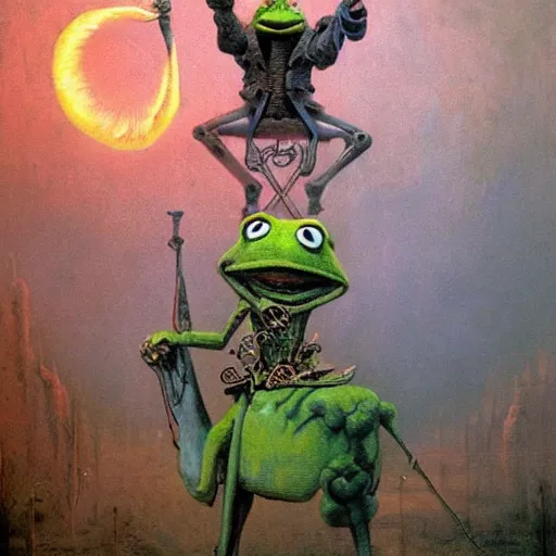 Prompt: muppet frog horseman riding a glowing baroque unicorn skeleton, foggy night, in style of tarot card, painting by beksinski, part by adrian ghenie and neo rauch, in color palette of francis bacon, eerie, mystical, sublime