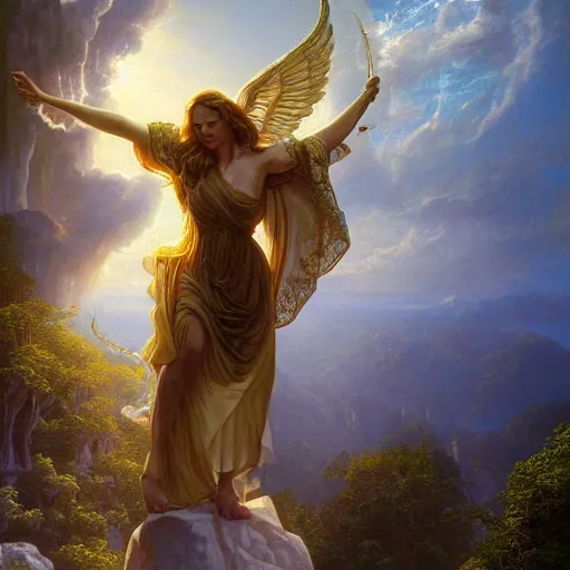 Image similar to realistic detailed view of heaven by terance james bond, russell chatham, greg olsen, thomas cole, james e reynolds, photorealistic, fairytale, art nouveau, white light, gold color, illustration, concept design, storybook layout, story board format