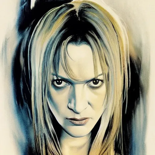 Image similar to Uma Thurman in Kill Bill (2003), full body portrait by Mad Dog Jones and Karol Bak