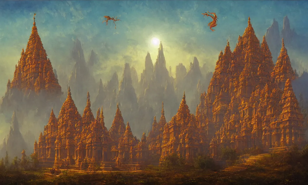 Image similar to A beautiful Hindu temple by Simon Stålenhag and Albert Bierstadt, oil on canvas, with a dragon flying above the temples