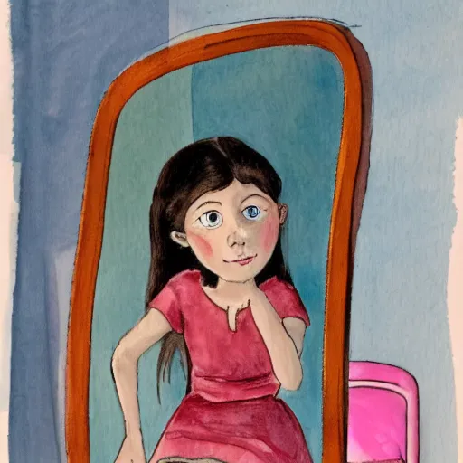 Prompt: A dark haired young girl in a pink dress looking at herself in the mirror, shocked expression, children's book illustration, 1990s bedroom, watercolour, line drawing