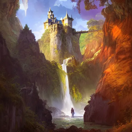 Prompt: A beautiful digital painting of a castle, waterfall, lovely valley by Stanley Artgerm Lau, frank frazetta, Rossdraws, James Jean, gerald brom, Andrei Riabovitchev, Marc Simonetti, and Sakimichan, trending on artstation