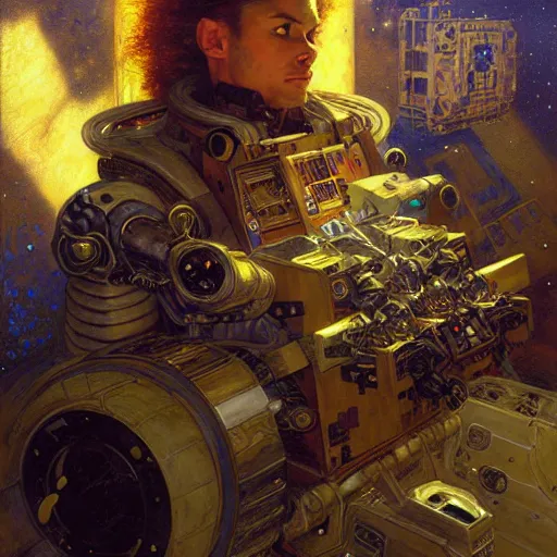 Image similar to portrait of a wolf in uniform as space engineer. shadowrun furaffiniy cyberpunk fantasy highly detailed painting by gaston bussiere craig mullins jc leyendecker gustav klimt artgerm greg rutkowski john berkey, bergey, craig mullins, ruan jia, raymond swanland, jeremy mann, tom lovell, alex malveda