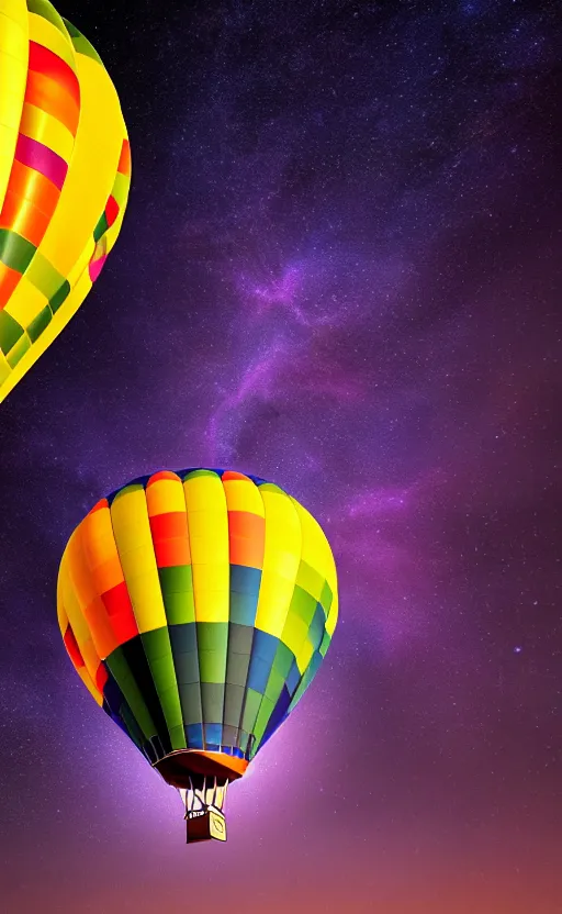 Prompt: highly detailed realistic photo of hot air balloon flying in colorful night space, stars are glowing, vibrant colors, award winning masterpiece photography, hyper realistic, concept art, 8 k detail post - processing