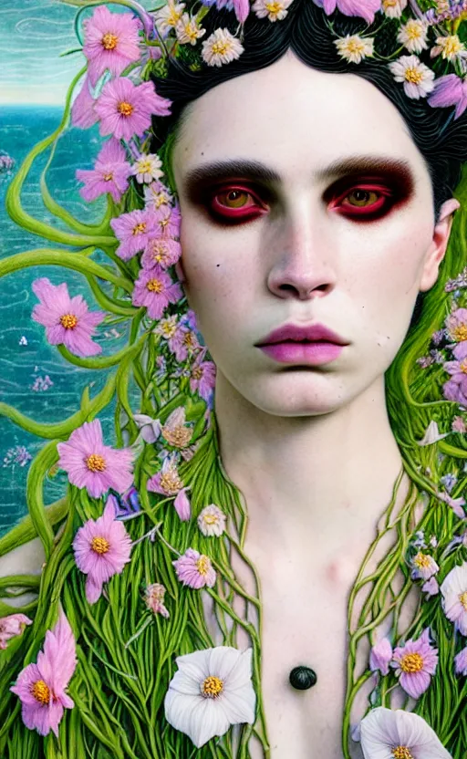 Prompt: the non-binary deity of Spring, 1 figure only, looks a blend of Grimes, Lana Del Rey, Aurora Aksnes, and Zoë Kravitz, it is made entirely out of flora and fauna, body in a style combining Botticelli, Möbius and Æon Flux, surrealism, stunningly detailed artwork, hyper photorealistic 4K, stunning gradient colors, very fine inking lines