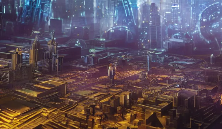 Prompt: large group of people in simple warehouse, looking at hologram of futuristic city on a table, cinematic concept art, godrays, golden hour, natural sunlight, 4 k, clear details, tabletop model buildings, center model buildings, hologram center, crane shot, crane shot, crane shot