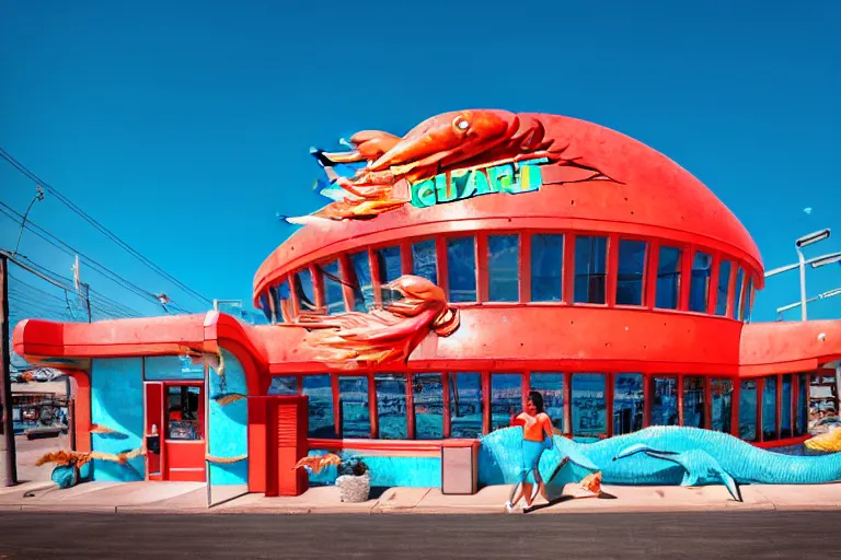 Image similar to 1 9 8 5 crab themed giant aquarium, googie architecture, one point perspective, americana, fishcore, exterior photography, hd 8 k, taken by alex webb