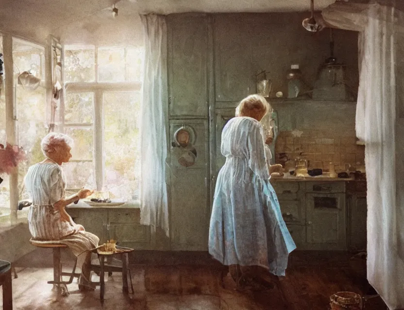 Image similar to grandmother cooking in a kitchen in country house, back view, cottage core, cinematic focus, polaroid photo bleached vintage pastel colors high - key lighting, soft lights, foggy, by steve hanks, by lisa yuskavage, by serov valentin, by tarkovsky, 8 k render, detailed, oil on canvas