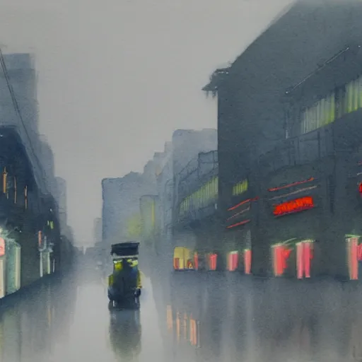 Prompt: A watercolor of an empty Wukang Road in Shanghai, a rainy street with cloudy overcast sky, poignant, high contrast of light and dark, smooth, by Joseph Zbikowicz, 8k