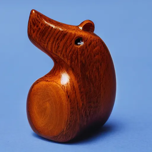 Image similar to a zoomed out studio product shot of a rounded carved smooth cherry wood and blue resin hippopotamus, in profile, like a catalog photograph, mostly wood, with a smooth featureless minimalist look