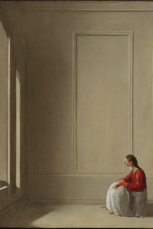 Prompt: long view, single woman sits in corner of empty room and look in the corner, in style of classicism