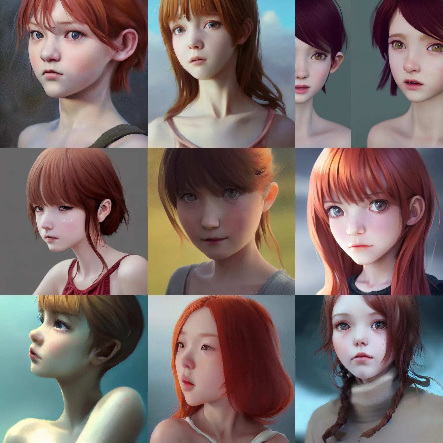 Image similar to realistic style at CGSociety by WLOP,ilya kuvshinov,krenz cushart,Greg Rutkowski,trending on artstation.Zbrush sculpt colored,Octane render in Maya,Houdini VFX.Realistic close-up face,cute young redhead girl,expressing joy,wearing dress,silky hair, deep eyes.Oil painting.Cinematic dramatic atmosphere,sharp focus,soft volumetric studio lighting.