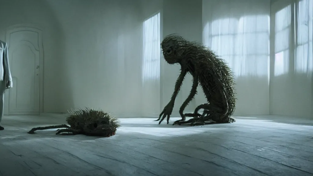 Image similar to the creature on the house in the house, film still from the movie directed by denis villeneuve and david cronenberg, with art direction by salvador dali, wide lens