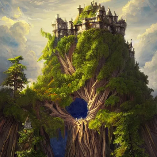 Image similar to a painting of a giant floating castle in the sky with tree roots spreading from the bottom. artstation. painting. high - quality. extremely detailed clouds and foliage