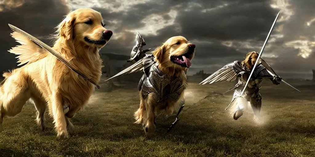 Prompt: golden retriever in medieval armor with wings and sword epic battle, photorealistic ultra detail quality shot from michael bay movie