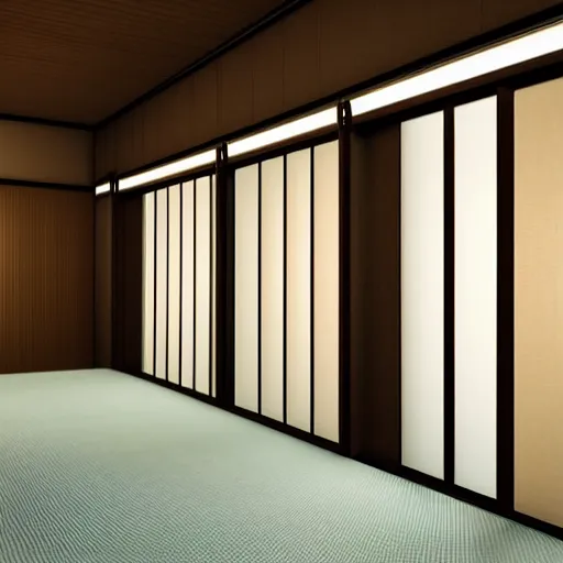 Prompt: still photo of a japanese hallway with sliding doors, highly detailed, photorealistic portrait, bright studio setting, studio lighting, crisp quality and light reflections, unreal engine 5 quality render