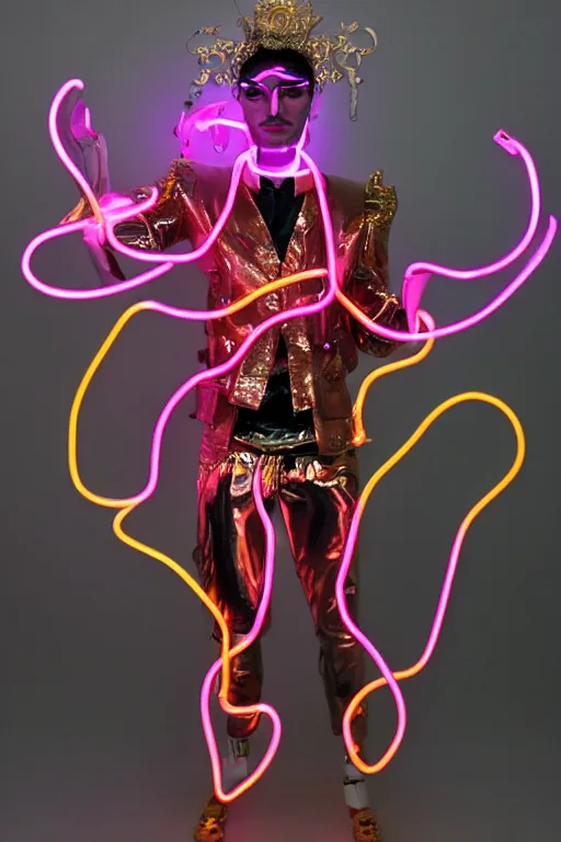 Prompt: full-body neon porcelain rococo bladerunner greek style sculpture of a young royal Zayn Malik as a high-fashion half-robot wearing retro shades with a porcelain body with an opening exposing a battery leaking radioactive liquid, electric sparks, glowing violet laser beam eyes, crown of giant rubies, flowing pink and orange neon-colored silk, luminescent fabrics, mechanical raptors. baroque and steampunk elements. full-length view. baroque element. intricate artwork by caravaggio. Very very very very highly detailed epic photo of face. Trending on artstation, octane render, cinematic lighting from the right, hyper realism, octane render, 8k, depth of field, 3D
