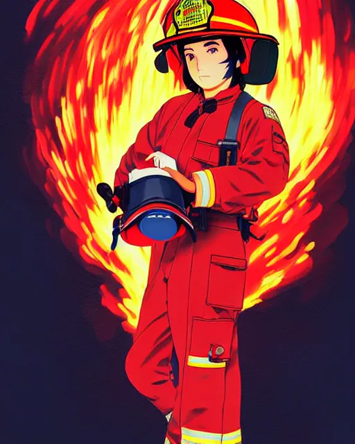 Image similar to fireman, fire helmet, flames background | | very very anime!!!, fine - face, audrey plaza, realistic shaded perfect face, fine details. anime. realistic shaded lighting poster by ilya kuvshinov katsuhiro otomo ghost - in - the - shell, magali villeneuve, artgerm, jeremy lipkin and michael garmash and rob rey