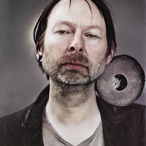 Image similar to Radiohead singer, holding the moon upon a stick, with a beard and a black jacket, a portrait by John E. Berninger, dribble, neo-expressionism, uhd image, studio portrait, 1990s