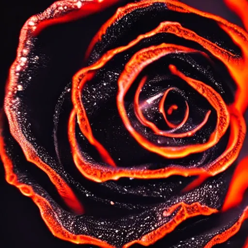 Image similar to award - winning macro of a beautiful black rose made of glowing molten magma