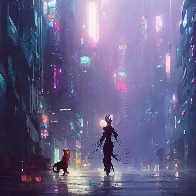 Prompt: a painting of a cute black cat in cyberpunk city. character design by cory loftis, fenghua zhong, ryohei hase, ismail inceoglu and ruan jia. volumetric light, detailed, rendered in octane