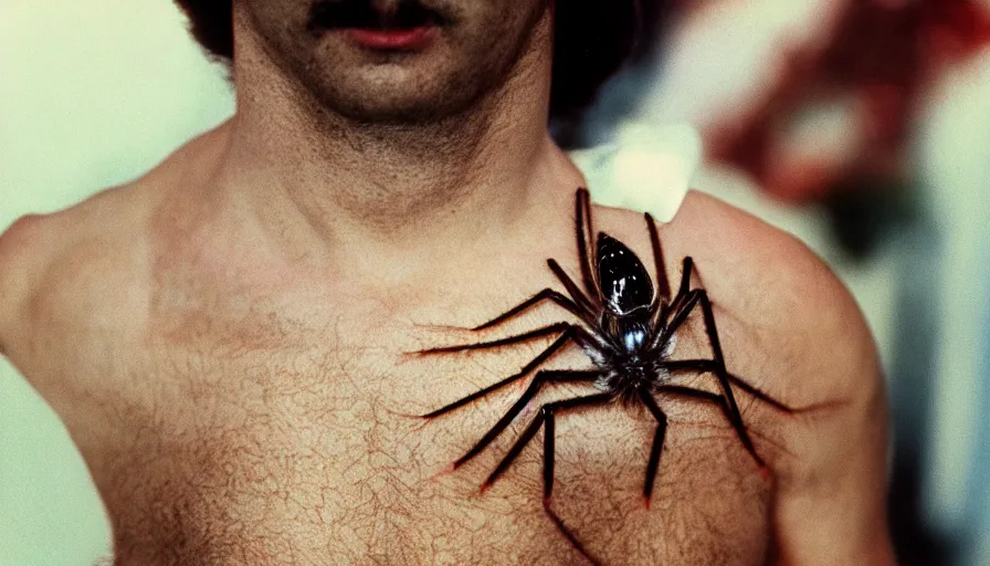 Image similar to 7 0 s movie still of a man with spider in chest, cinestill 8 0 0 t 3 5 mm eastmancolor, heavy grain, high quality, high detail