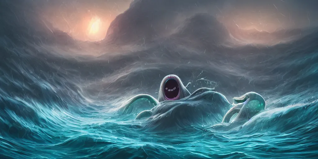 Image similar to of a stormy ocean with strange cute friendly happy creatures with huge eyes, mouth, long tongue, round teeth and goofy face, appearing from the background, in the style of gehry and gaudi, macro lens, shallow depth of field, ultra detailed, digital painting, trending artstation, concept art, illustration, cinematic lighting, photorealism, epic, octane render