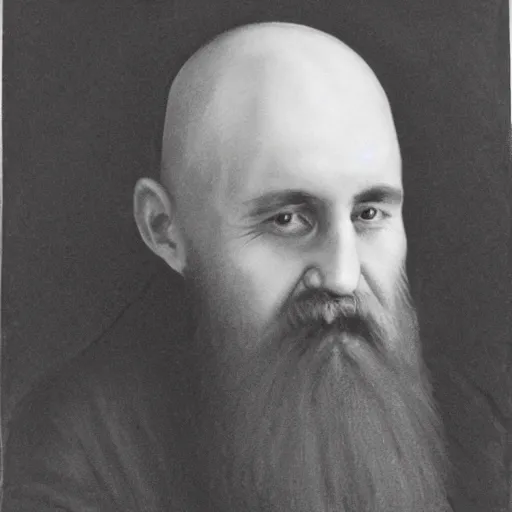 Image similar to charcoal portrait of an early 20th century russian orthodox priest, bald