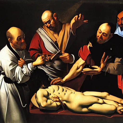 Image similar to doctors doing a operation on a cartoonish banana, caravaggio
