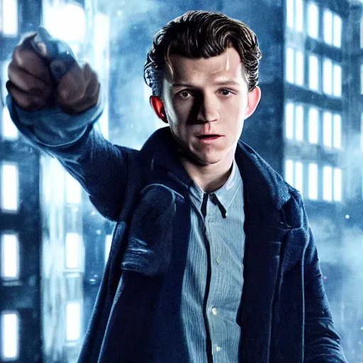 Image similar to tom holland as a rough dirty old man with a scruffy beard in a dark blue trenchcoat as the new doctor who, cinematic, volumetric lighting, f 8 aperture, cinematic eastman 5 3 8 4 film, photorealistic