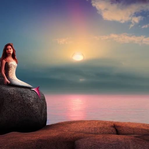 Image similar to a beautiful photograph of a mermaid sits on a rock and stares at the island, sunset lighting, rim light, hyper realistic, 1 0 5 mm, cinematic frame