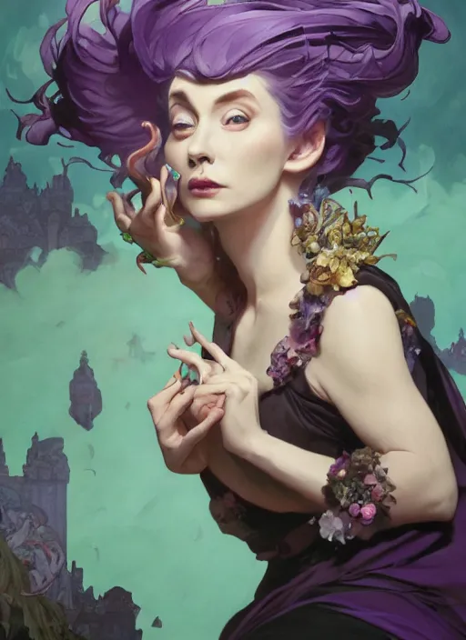 Prompt: mad madam mim, ugly, warts, purple smoke aura in motion, floating pieces, painted art by tsuyoshi nagano, greg rutkowski, artgerm, alphonse mucha, spike painting