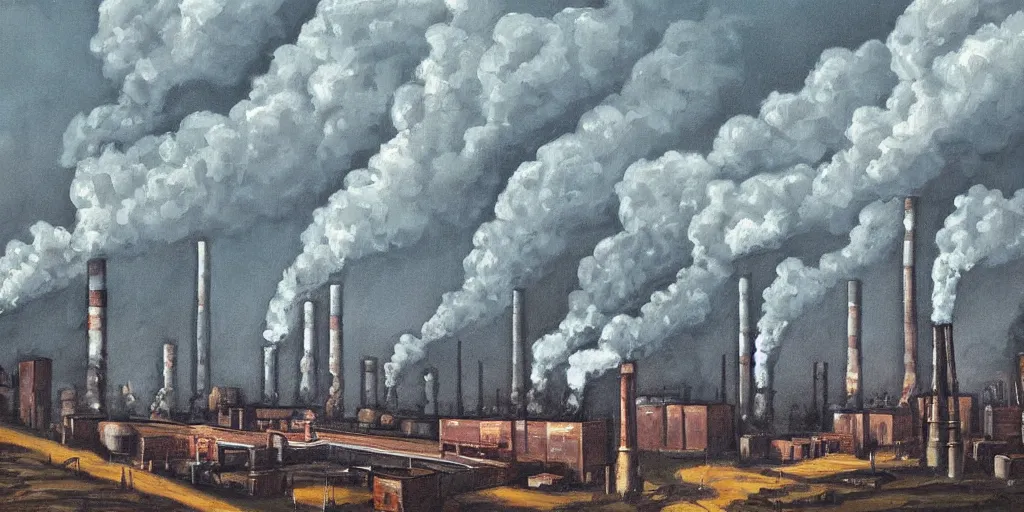 Image similar to a depressing and quite sad painting of a factory with smoke stacks billowing into a sky the color of a tv turned to a dead channel ; highly detailed