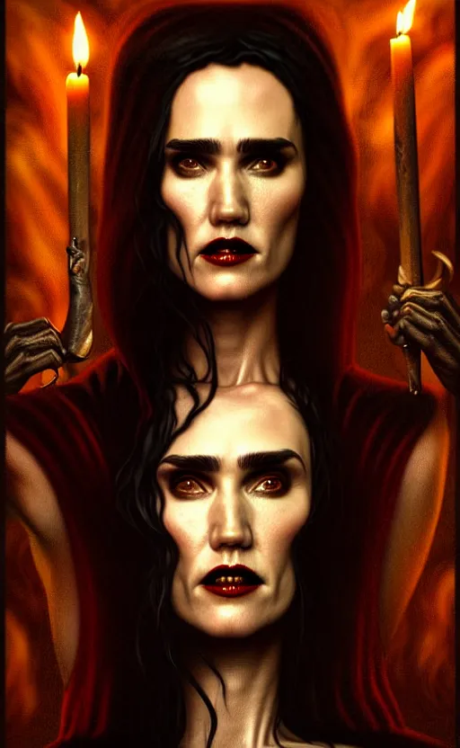 Prompt: jennifer connelly vampire queen, sharp fangs, blood, full body, intricate victorian dress, digital art, middle shot, cinematic lighting, studio quality, symmetrical eyes, artgerm, joshua middleton, rafael albuquerque, moody lighting, candles, art style by klimt, nixeu and ian sprigger and wlop and krenz cushart