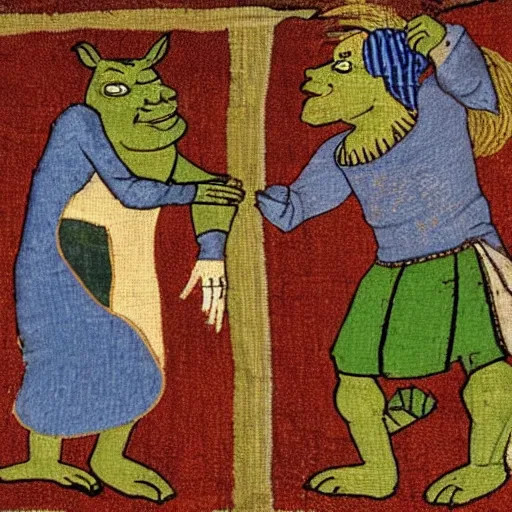 Prompt: medieval tapestry depicting shrek and donkey