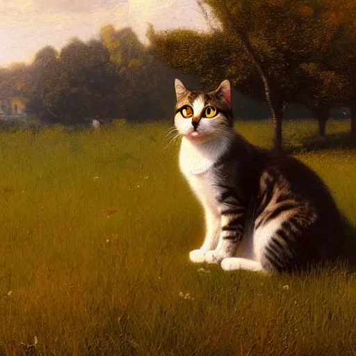 Prompt: 'impressive modern painting of a realistic cat, trending on artstation, by George Inness, with drop shadow, Unreal Engine, RTX, Octane, 4K'