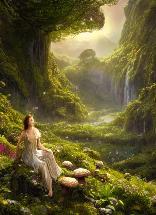 Prompt: an elegant fairy sitting and looking out at a lord of the rings scenery landscape, vast lush valley flowers and giant mushroom structures, stream, sunrise, god's rays highly detailed, vivid color, cinematic lighting, perfect composition, 8 k, gustave dore, derek zabrocki, greg rutkowski, belsinski, octane render