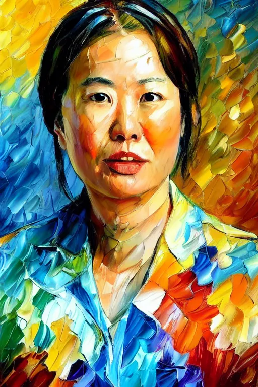 Prompt: palette knife oil painting portrait of police psychiatrist tracy wong, extreme detail, style by leonid afremov and degas, artstation trending, artgerm, deviant art, octane, substance, art history 8 k