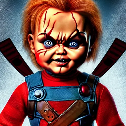 Image similar to chucky the doll in deadpool digital art 4 k detailed super realistic