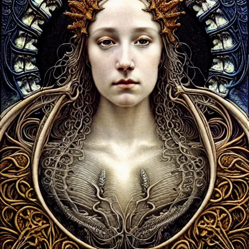 Image similar to detailed realistic beautiful young medieval queen face portrait by jean delville, gustave dore, iris van herpen and marco mazzoni, art forms of nature by ernst haeckel, art nouveau, symbolist, visionary, gothic, neo - gothic, pre - raphaelite, fractal lace, ai biodiversity, surreality, intricate hyper detailed ultra sharp octane render