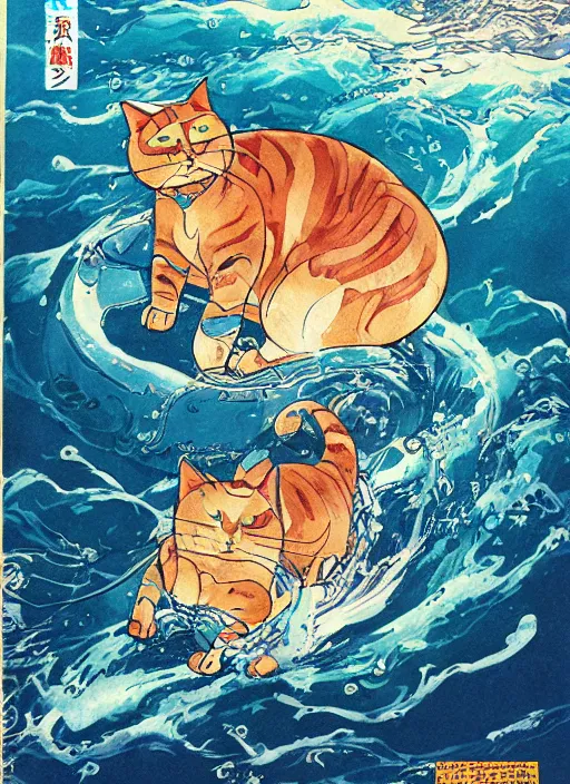 Image similar to japanese magazine cover of one giant cat in the middle of the sea illustrated by miyazaki, hiroyuki kato, keisuke goto, highly detailed, concept art, illustration art