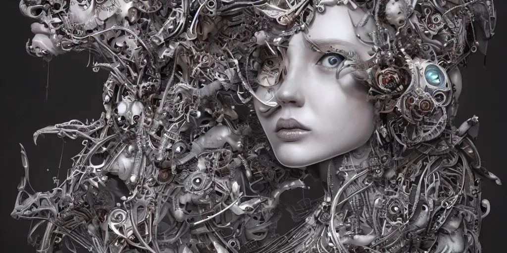 Image similar to hyperrealistic photography of a highly detailed and symmetrical gorgeous cyborg female deconstructing a poetry machine in the style of beth cavener, jin kagetsu, james jean and wlop, highly detailed, face symmetry, masterpiece, award - winning, sharp focus, intricate concept art, ambient lighting, 8 k, artstation