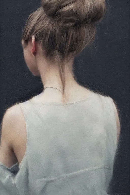 Prompt: girl with messy bun hairstyle, back view, tattoo sleeve, jeremy lipking, joseph todorovitch