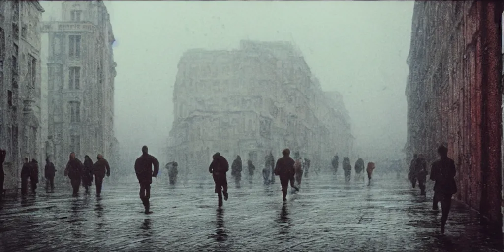 Image similar to detailed medium format photo, polaroid still from tarkovsky movie, people running on wet street by buildings in city, haze, high production value, intricate details, 8 k resolution, hyperrealistic, hdr, photorealistic, high definition, technicolor, award - winning photography, masterpiece, amazing colors