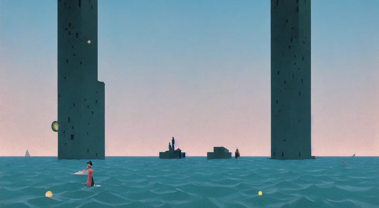 Prompt: single flooded simple! cosmic tower!, very coherent and colorful high contrast!! masterpiece by rene magritte simon stalenhag carl spitzweg syd mead norman rockwell edward hopper james gilleard, minimalist, dark shadows, sunny day, hard lighting