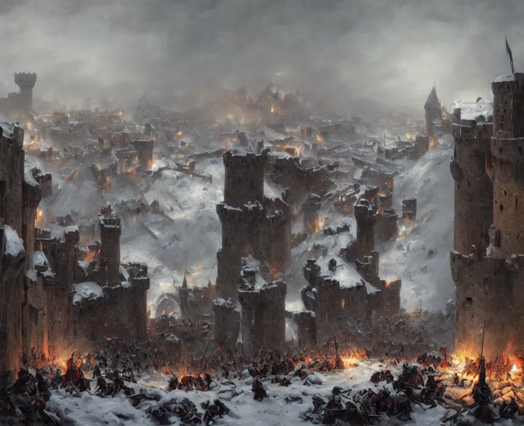Image similar to Siege of a medieval castle in winter while two great armies face each other fighting below and catapults throw stones at the castle destroying its stone walls, heavy snow storm, fantasy, medieval, fire, explosions and grey smoke here and there, highly detailed, Artstation, oil on canvas painting by greg rutkowski
