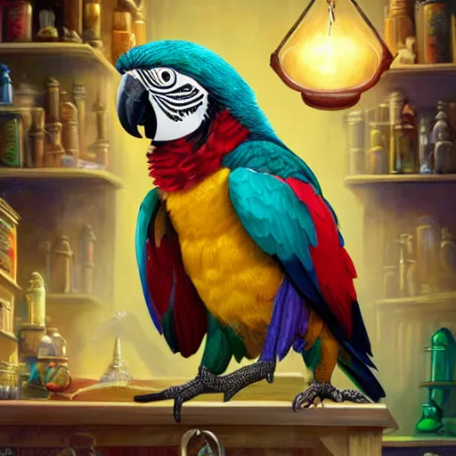 Prompt: Anthropomorphized parrot trader in his shop, shelves full, selling a gem, portrait, items, magic potions, fancy hat, sly expression , cunning expression, cute expression, presenting magic gem, D&D, fantasy, cinematic lighting, highly detailed, digital painting, artstation, concept art, smooth, sharp focus, illustration, warm light, cozy warm tint, magic the gathering artwork, volumetric lighting, 8k, no gold, no gold colours, art by Akihiko Yoshida, Greg Rutkowski