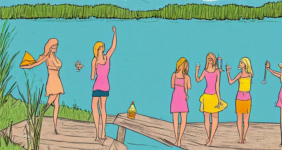 Prompt: simple illustration storyboard of girls weekend on a lake, mimosas