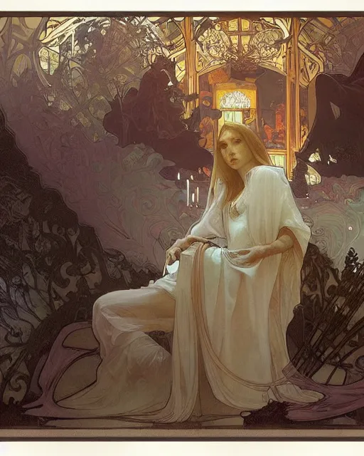 Image similar to inside the king's hall wolves and their treasures, ethereal, ominous, misty, 8 k, by alphonse mucha and greg rutkowski